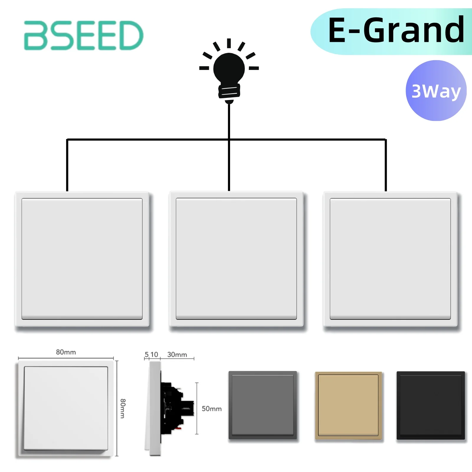 BSEED 1-Gang-3-Wege-Schalter, mechanische Lichtschalter für Treppen, Flur, Korridor, 10 A, Kunststoffrahmen, 80 x 80 mm, 1/3 Stück, E Grand-Serie Image
