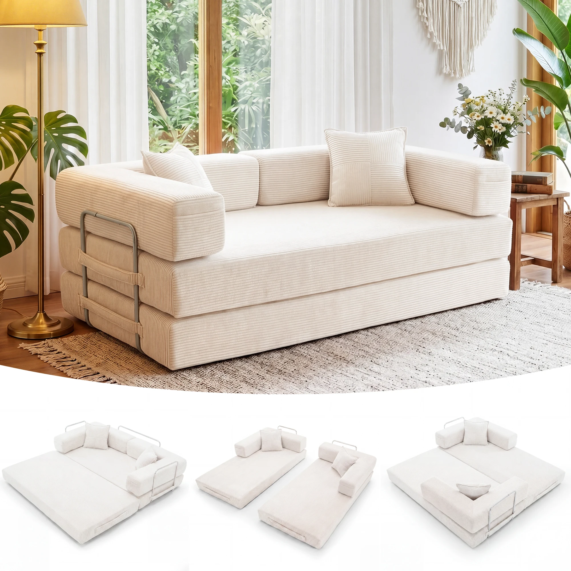 Klappbares Schlafsofa, 78'' Umwandelbares Schlafsofa, Federklappbares Bodensofa mit Kissen, Rückenlehne und Armlehne für das Wohnzimmer Image