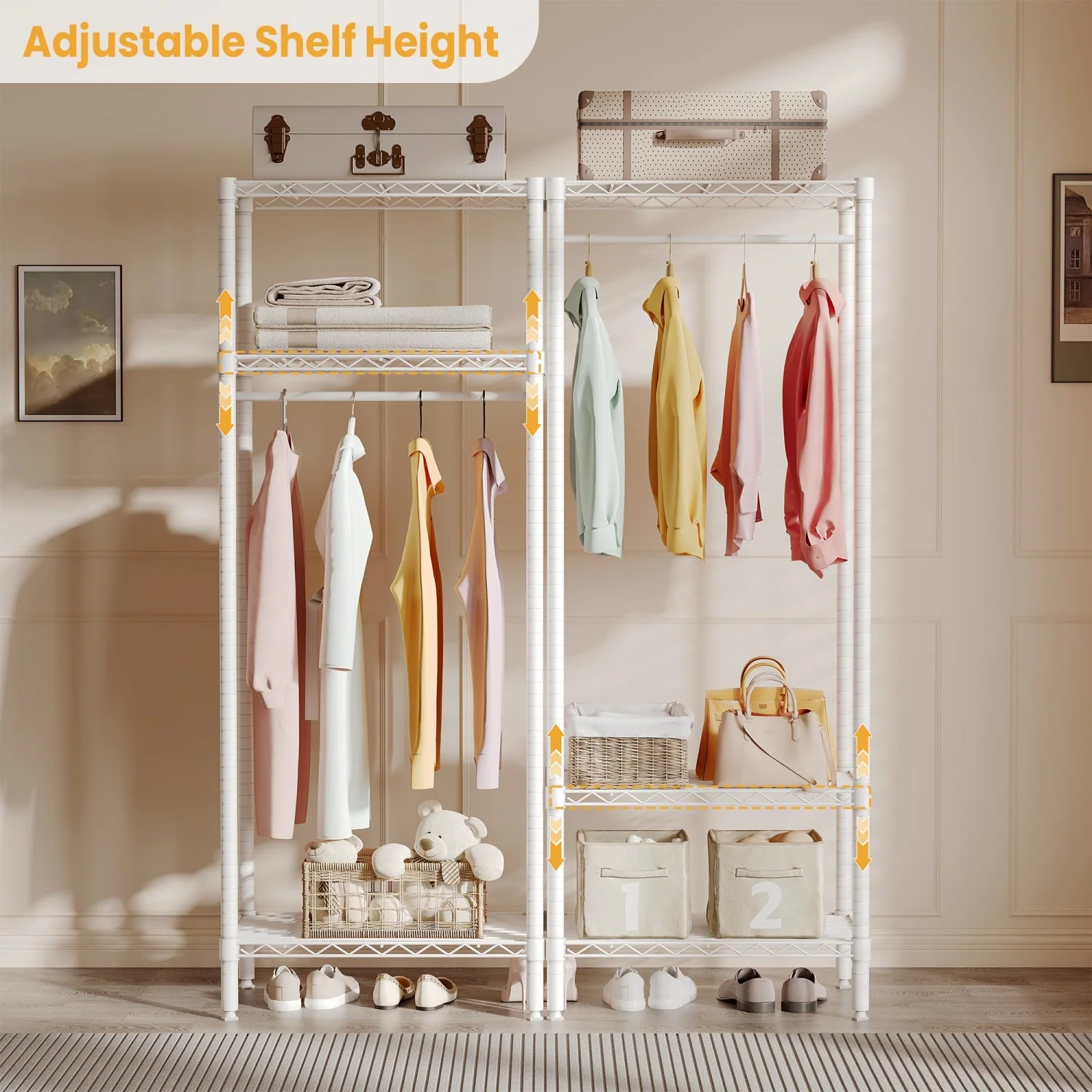 Verstellbarer 3-stufiger Metall-Kleiderständer - Kleiderschrank-Organizer mit Ablagefächern für Schlafzimmer, Waschküche - 1 Kleiderstange