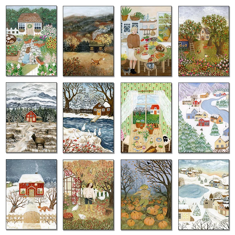 Vintage Landhaus Herbst-Winter Wald Natur Tierillustrationen Poster Leinwandgemälde Wandkunst Bilder Heim-Deko Image