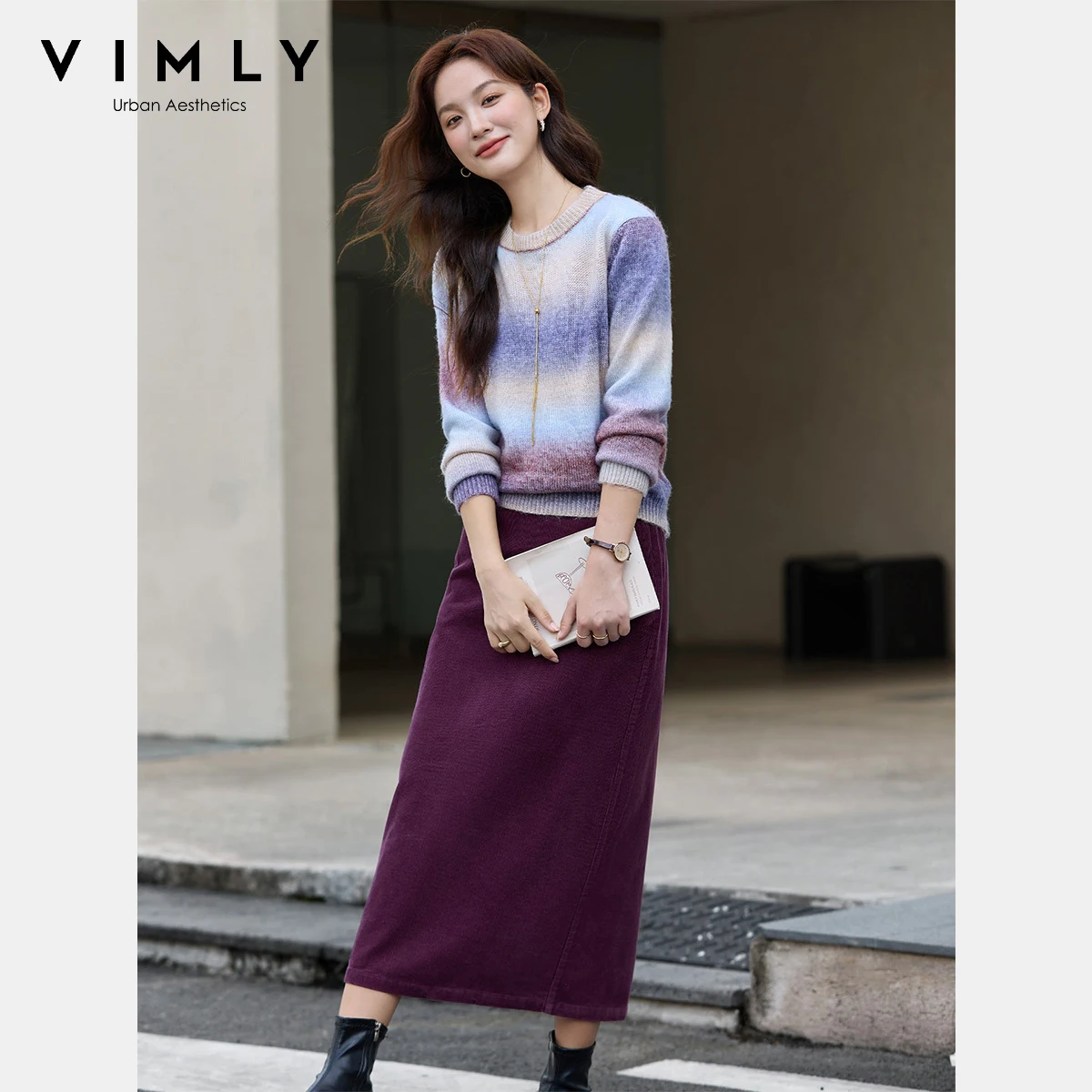 VIMLY Damen Herbst Zweiteiler-Set 2026 Lässiges Ombre Lila Strick O-Ausschnitt Oberteil Gerader Langer Rock Eleganter Rockanzug A2539