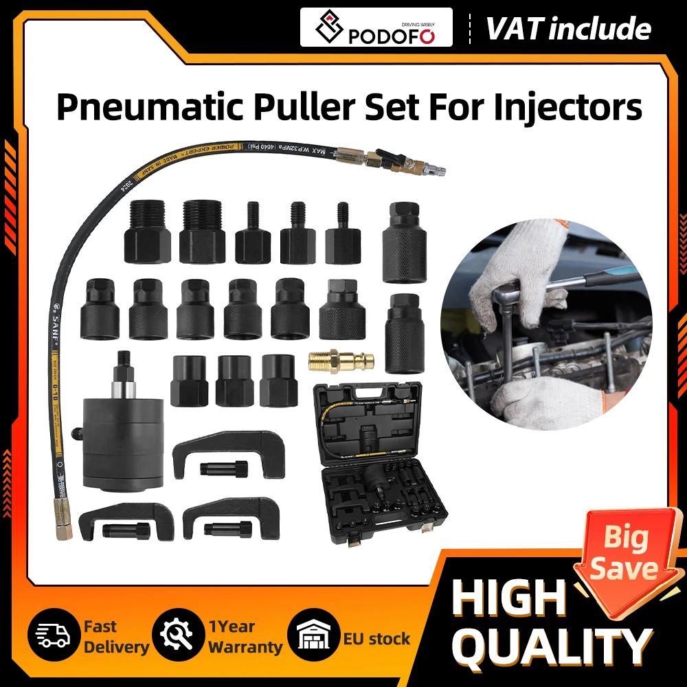 Podofo 24-teiliges Diesel-Injektor-Abzieher-Set Pneumatisches Luftvibrations-Entfernungswerkzeug Professionelles Kit für Autoreparatur