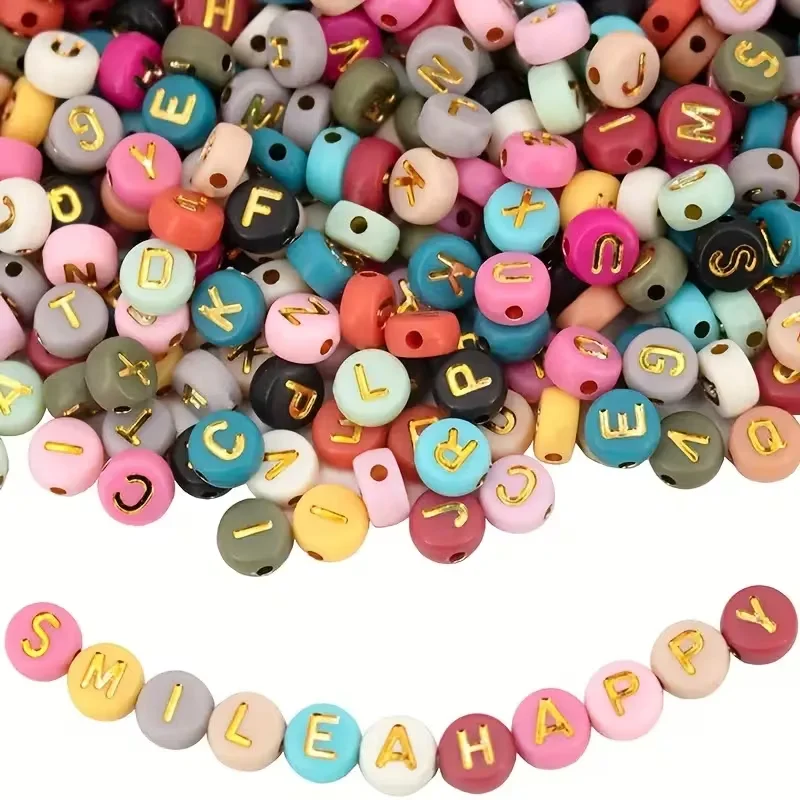 200 Stück Acryl Runde und Quadratische Gemischte Farben Alphabet-Buchstabenperlen für Schmuckherstellung Namenskette Armband Set Image