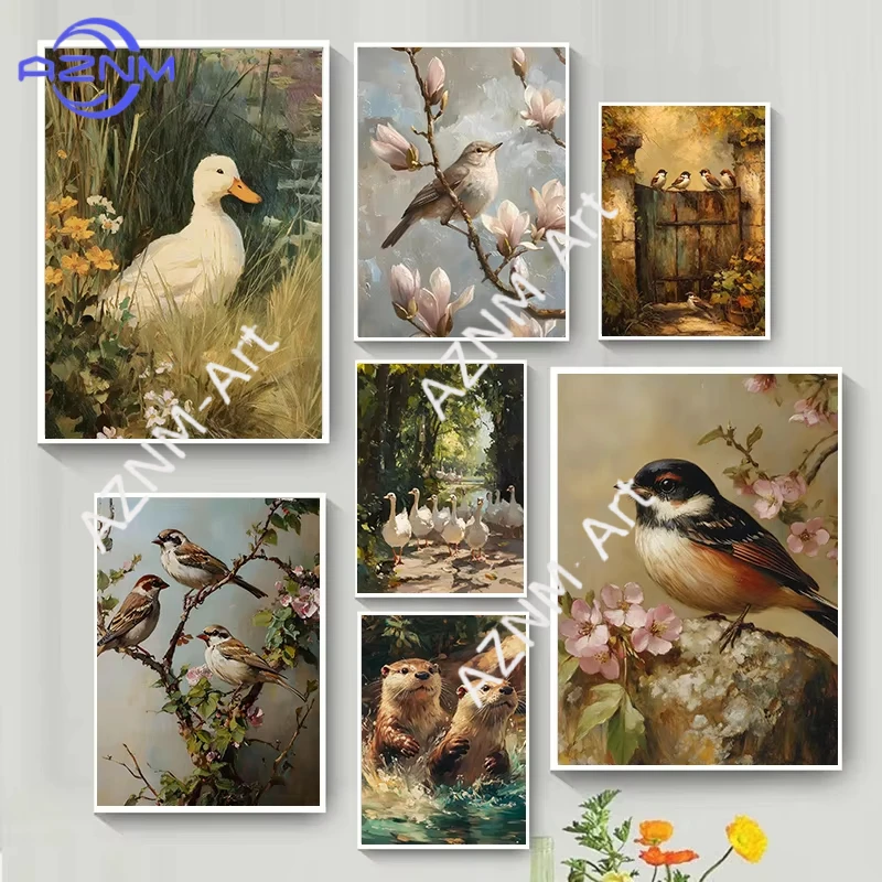 1 Stück Herbstliche Natur-Landschaft Bauernhof Wald Spatz Gans Wasserturm Tier-Kunstposter Leinwanddruck Heim-Wanddekoration