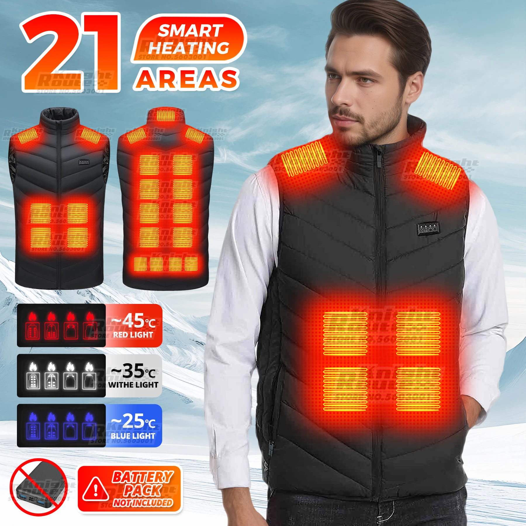 Intelligente Heizweste für Herren, ärmellos | 21/15/9/2 Heizbereiche, 4 Schalter, 3 Temperaturoptionen | Ideal für Stadtverkehr, Skiausflüge Image