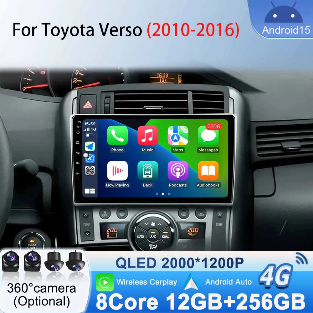 Für Toyota Verso 2010 2011 2012 2013 2014 2015 2016 Carplay Auto Android 15 Auto Radio Navigation GPS Multimedia Player video DSP Image