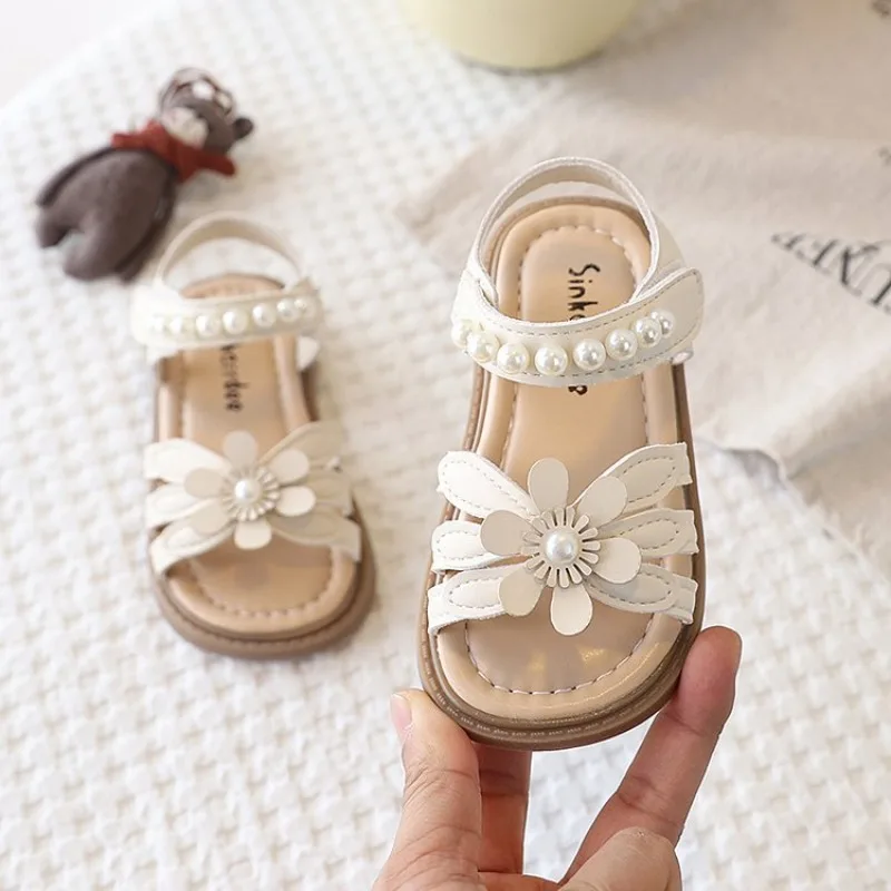 Kinder Freizeitschuhe Sandalen Blumen Perlen Offene Zehen Schicke Kinder-Flachschuhe Rosa Beige Rutschfest Alltag Urlaub Vielseitige Kinderschuhe