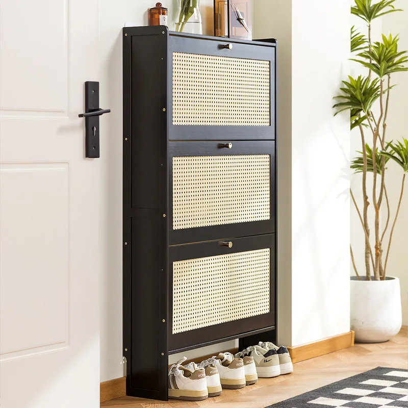 Haushalts-Schuhschrank aus Holz, atmungsaktiver Rattan-Schuhschrank, schmaler Schuhschrank, Klappbarer Schuhständer, Aufbewahrungsschrank