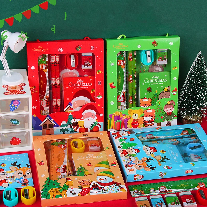 【W】6-teiliges Set mit Schreibwaren aus der Weihnachtsserie, einschließlich 2 Bleistifte, 1 Radiergummi, 1 Anspitzer, 1 Haftnotizen, 1 Lineal für die Schule Image