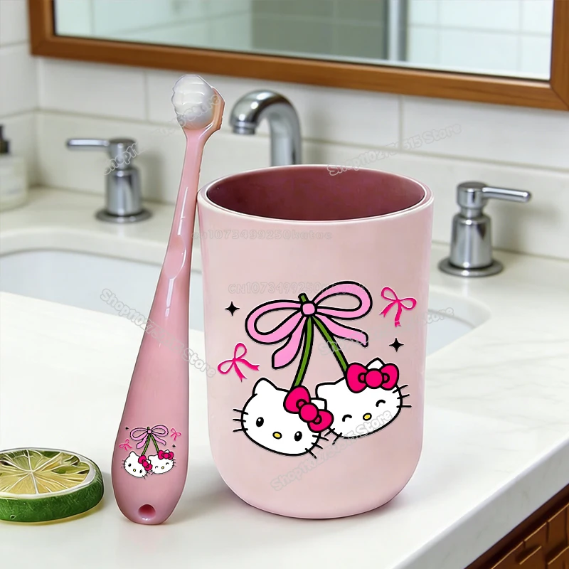 Niedliches Hello Kitty Mädchen Wasserbecher-Zahnbürsten-Set (2-teilig) – Cartoon-Katzen-Mundspülbecher für Kinder, Badezimmer-Zahnbürstenhalter, Zahnbürstenbecher