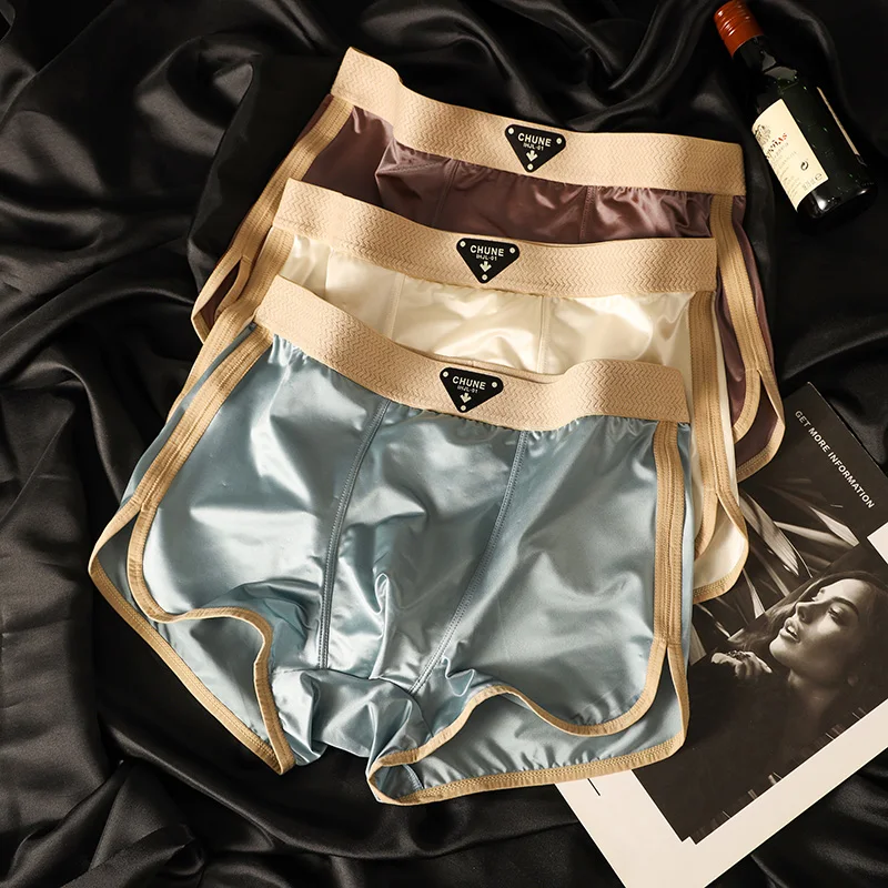 1/3 Stück Herren Luxus Satin Eisseide Boxershorts Feuchtigkeitsabsorbierend Atmungsaktiv Doppelschichtige Seiden-Unterhose Hochelastische Unterwäsche Image