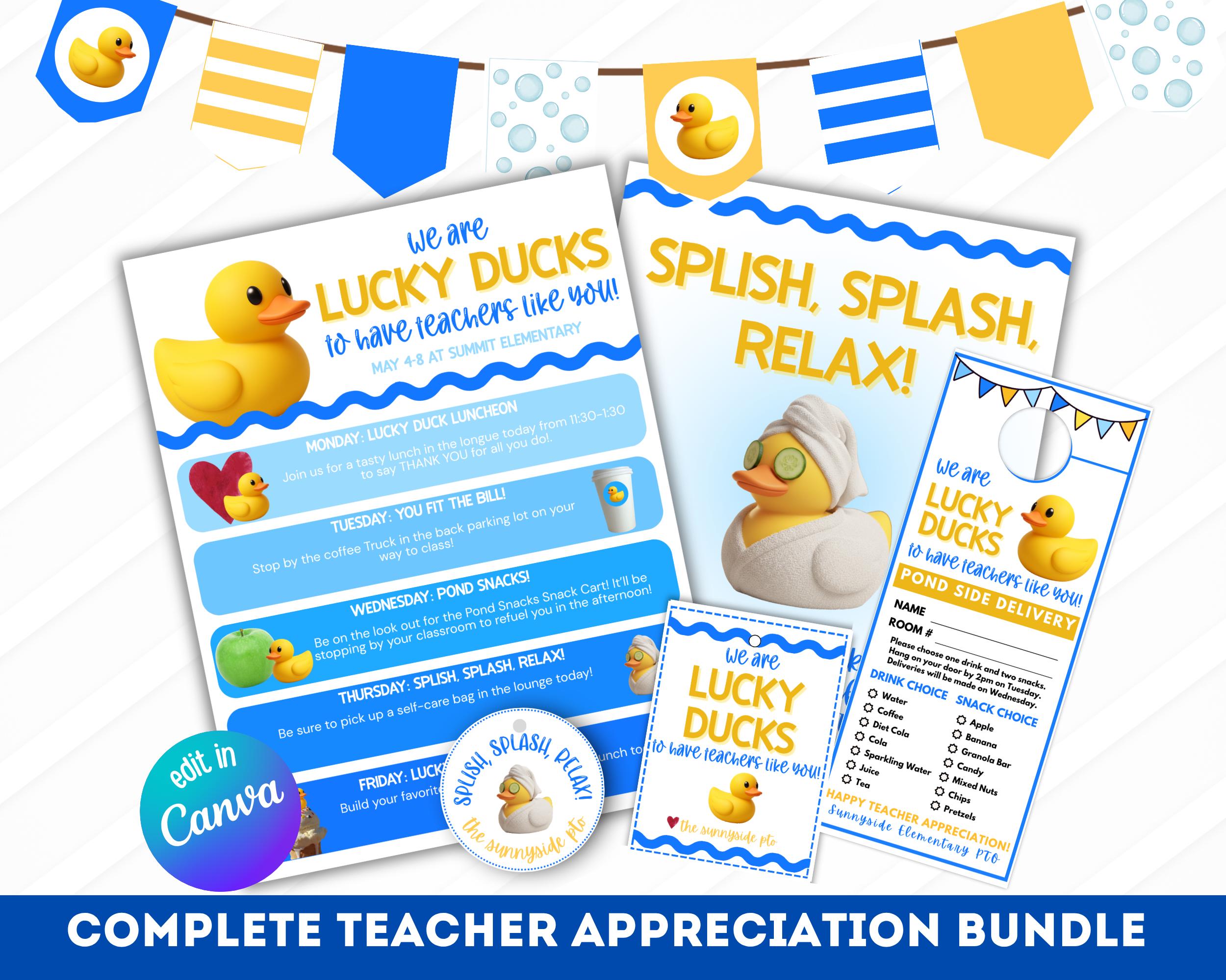 "Pacchetto di ringraziamento per gli insegnanti a tema \"Lucky Duck\", modello Canva modificabile, kit per la settimana PTA/PTO, decorazioni per la festa"