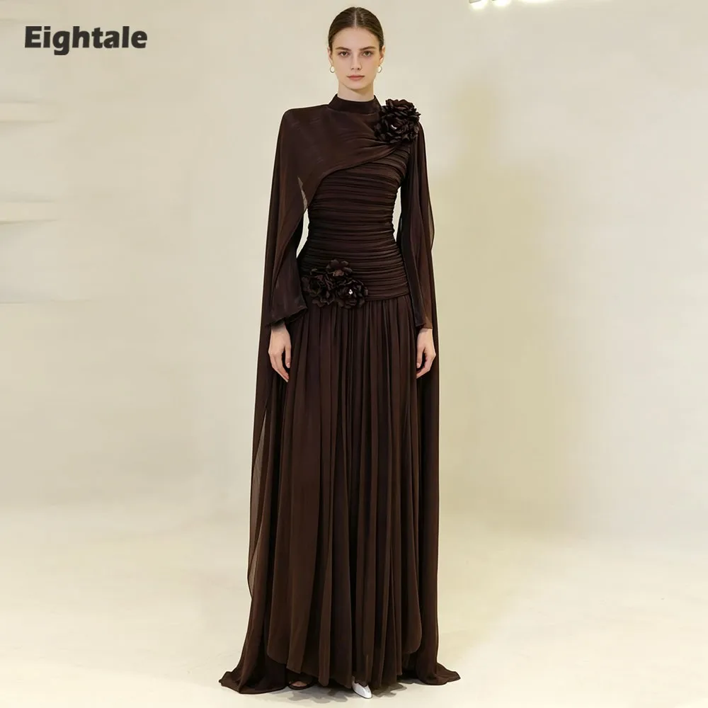 Eightale Modest Evening Dress 3D Flowers Customized Pleats Floor Length Long Sleeves Crepe Prom Wedding Party Gown