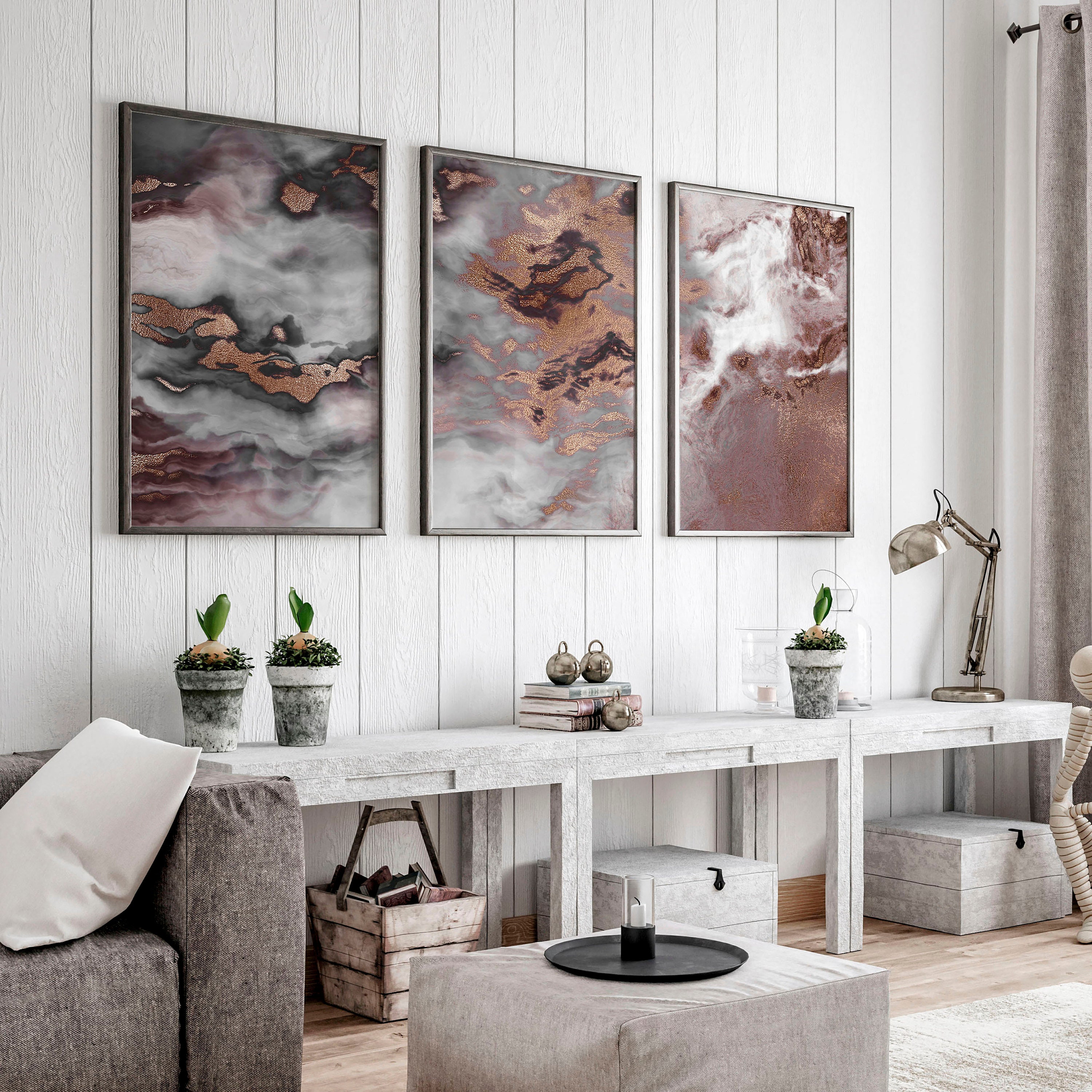 Marmor gerahmte Wandkunst 3-teiliges Set, extra große abstrakte Triptychon-Wandkunst, bordeauxfarbene Rosegold-Wanddekoration, Wohnzimmer-Wandbehang