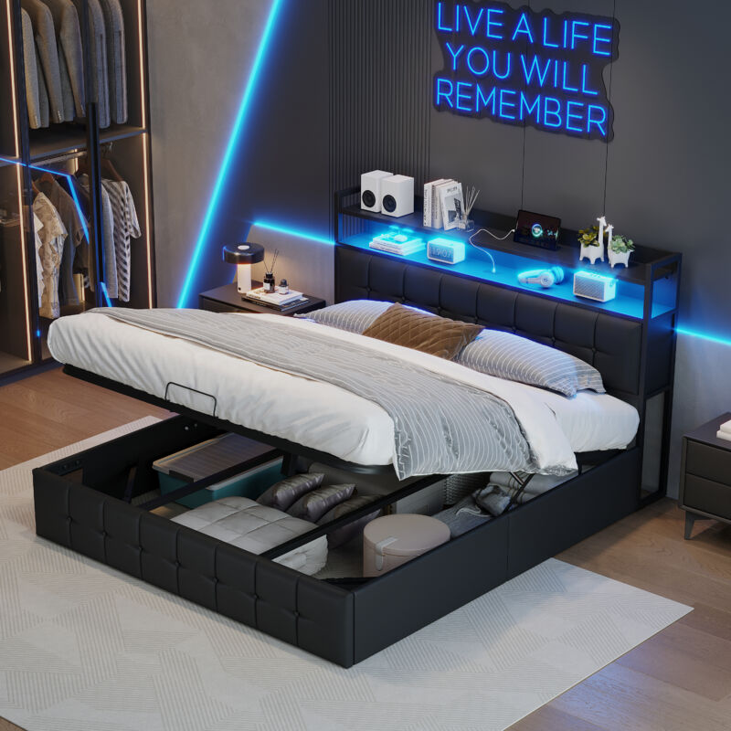 Foerpl-letto Contenitore 140 X 190 Cm Con Led E Usb, Letto Matrimoniale Imbottito Con Contenitore, Letto Imbottito 140 X 190 Cm Con Contenitore Idraulico, Struttura Letto Con Rete A Doghe E Testiera P