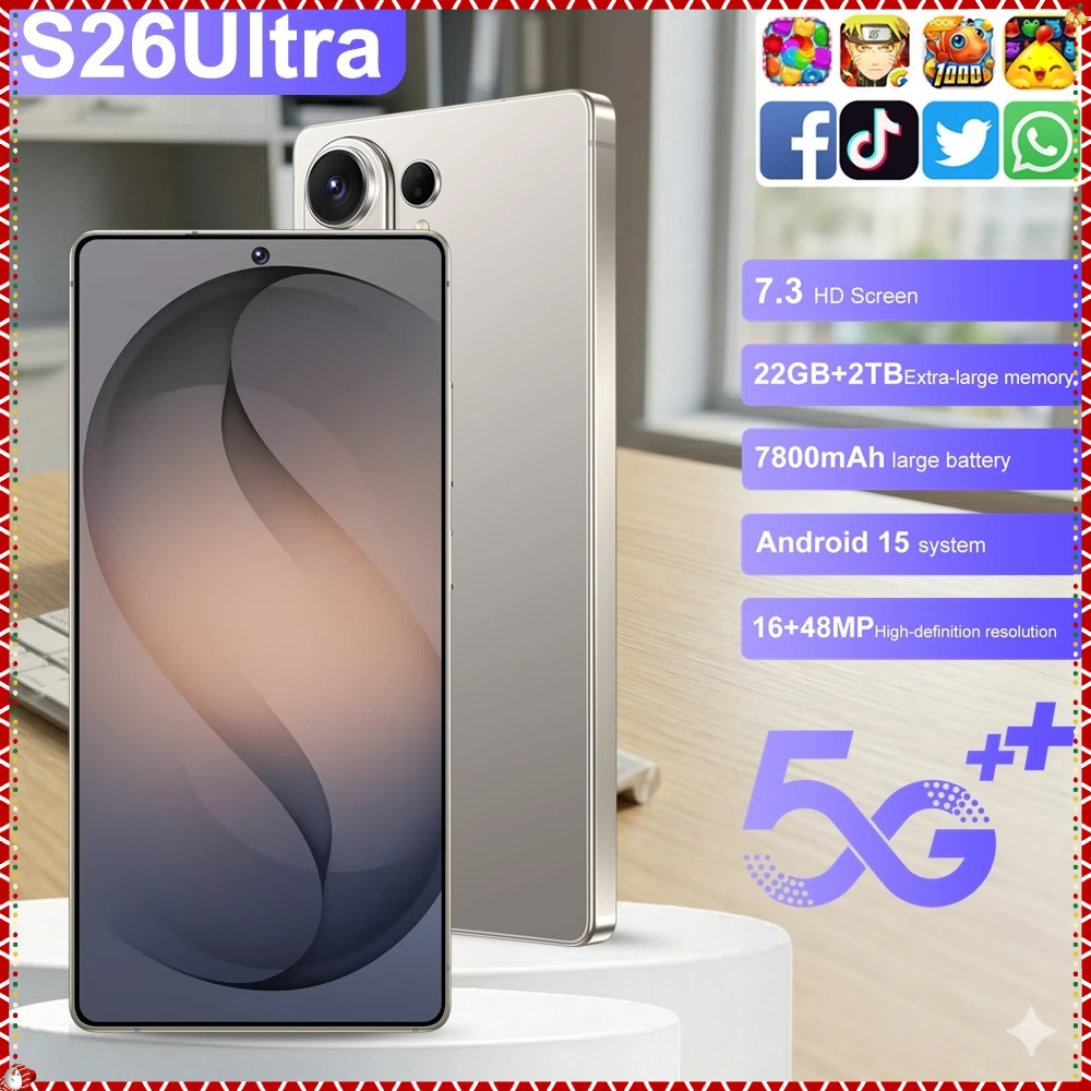 New Mobile Phones for S26 Ultra Smartphone Android 5G 7.3HD Cell Phone 22G+2TB 7800mAh Unlocked Dua Sim Wifi Global Version