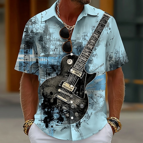 Homme Guitare Instrument de musique Notes de Musique Chemise Chemise Boutonnée Manche Courte Vintage Rétro Quotidien Festival de Musique Été Printemps Col Rabattu Impression 3D chemises à col Bleu