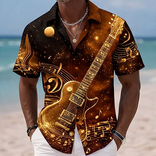 Homme Guitare Instrument de musique Notes de Musique Chemise Chemise Boutonnée Manche Courte Vintage Rétro Quotidien Festival de Musique Été Printemps Col Rabattu Impression 3D chemises à col Bleu