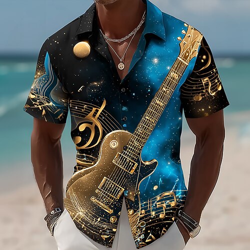 Homme Guitare Instrument de musique Notes de Musique Chemise Chemise Boutonnée Manche Courte Vintage Rétro Quotidien Festival de Musique Été Printemps Col Rabattu Impression 3D chemises à col Bleu