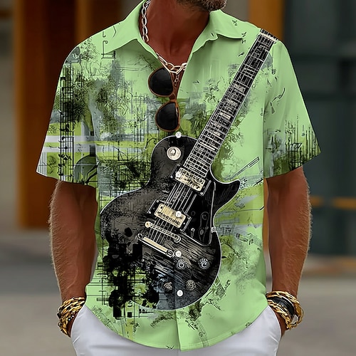 Homme Guitare Instrument de musique Notes de Musique Chemise Chemise Boutonnée Manche Courte Vintage Rétro Quotidien Festival de Musique Été Printemps Col Rabattu Impression 3D chemises à col Bleu