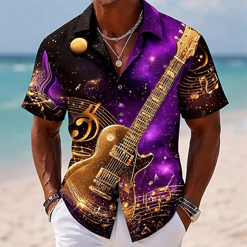 Homme Guitare Instrument de musique Notes de Musique Chemise Chemise Boutonnée Manche Courte Vintage Rétro Quotidien Festival de Musique Été Printemps Col Rabattu Impression 3D chemises à col Bleu