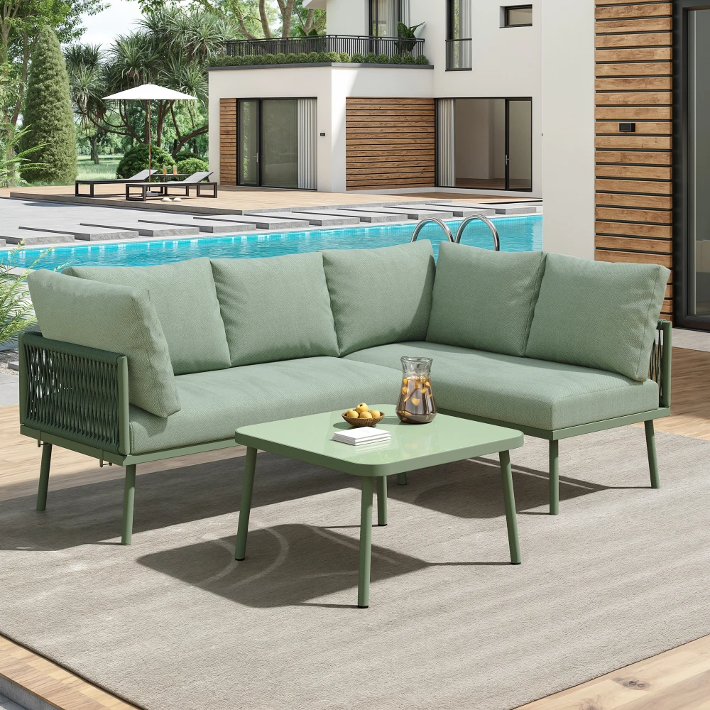 Ensemble de salon de jardin en fer, ensemble de meubles de jardin en forme de L, ensemble de salon en corde avec coussins de siège, pieds réglables, 2 canapés et 1 table