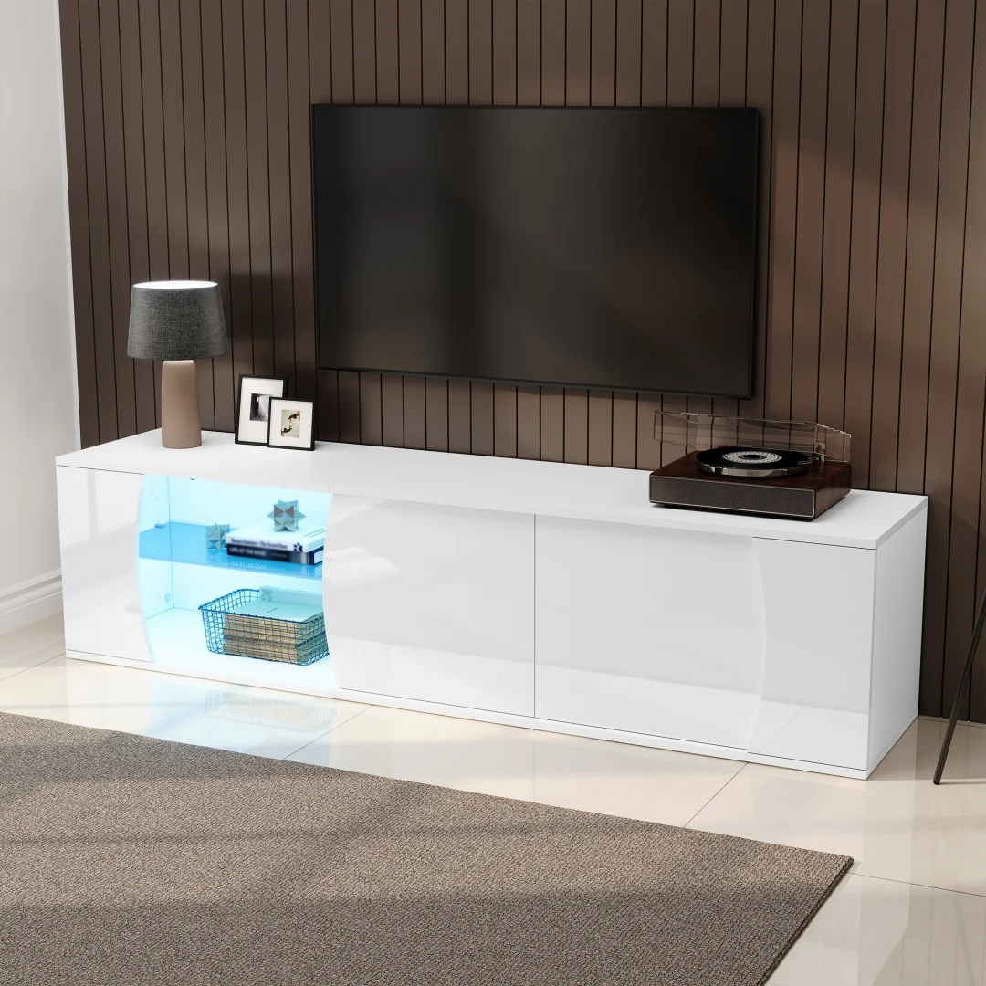 Meuble TV 180*40*45cm, meuble bas avec 3 portes, meuble en verre trempé, meuble TV de divertissement de haute qualité avec LED