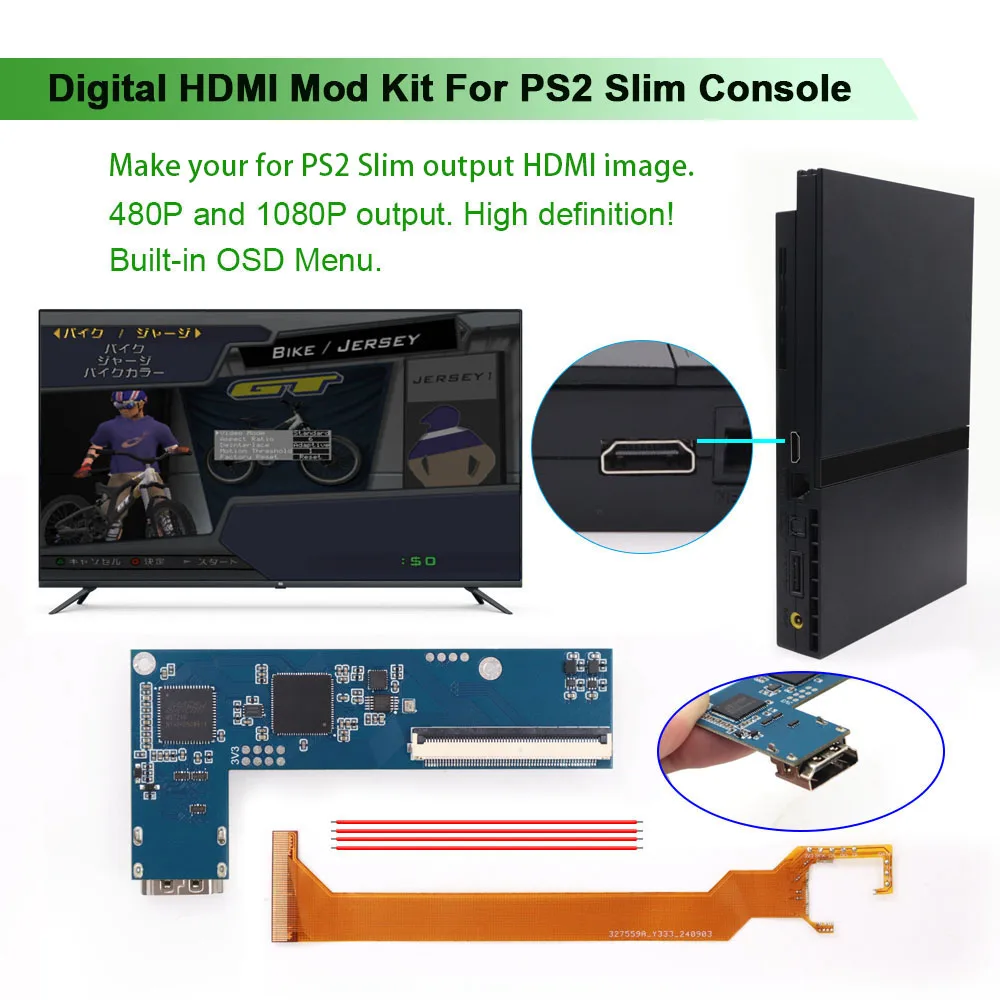 Digital-zu-Digital-HDMI-kompatible 1080P-Mod-Kits für PS2 Slim-Konsole, unterstützen 480P, 1080P HDMI-Ausgang für PS2