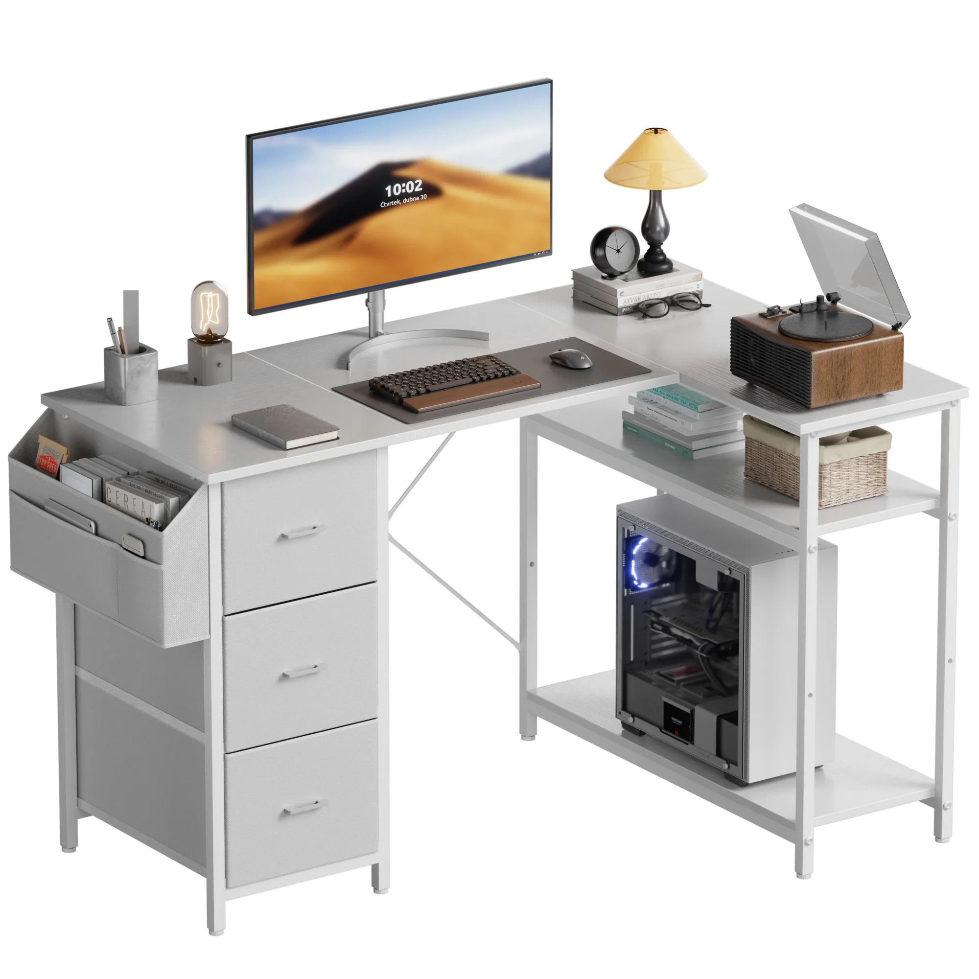 120/140 cm Computertisch, Eck-Bürotisch mit 3 Stoffschubladen, L-förmiger Schreibtisch mit Seitentasche, PC-Tisch für Büro und Gaming