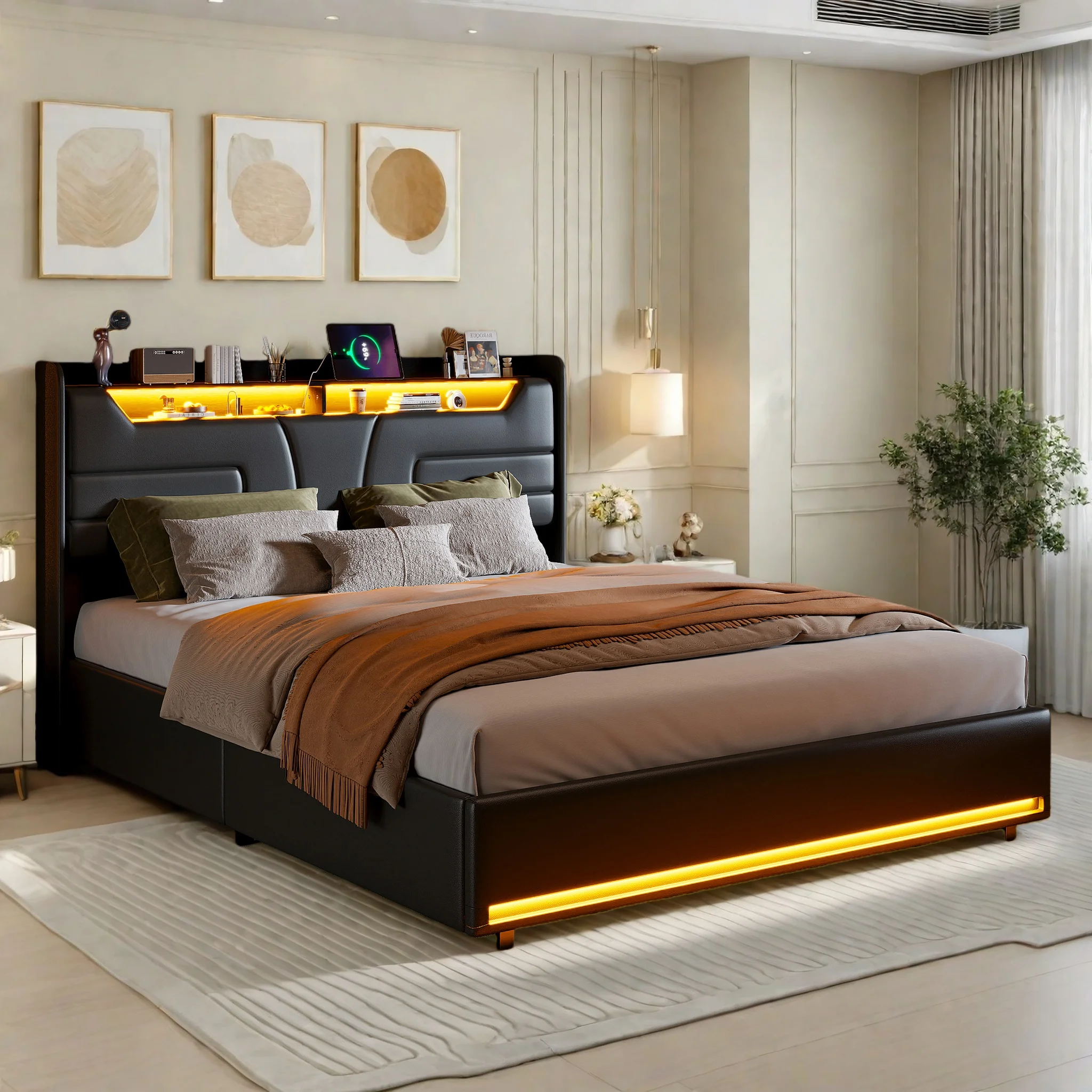 Polsterbett 140 x 190 mit LED&USB-Kopfteil, Doppelbett mit Bettkasten, Jugendbett Hydraulisch Bett mit Stauraum, Stauraumbett Bettgestell mit Lattenrost, PU, Ohne Matratze, Schwarz