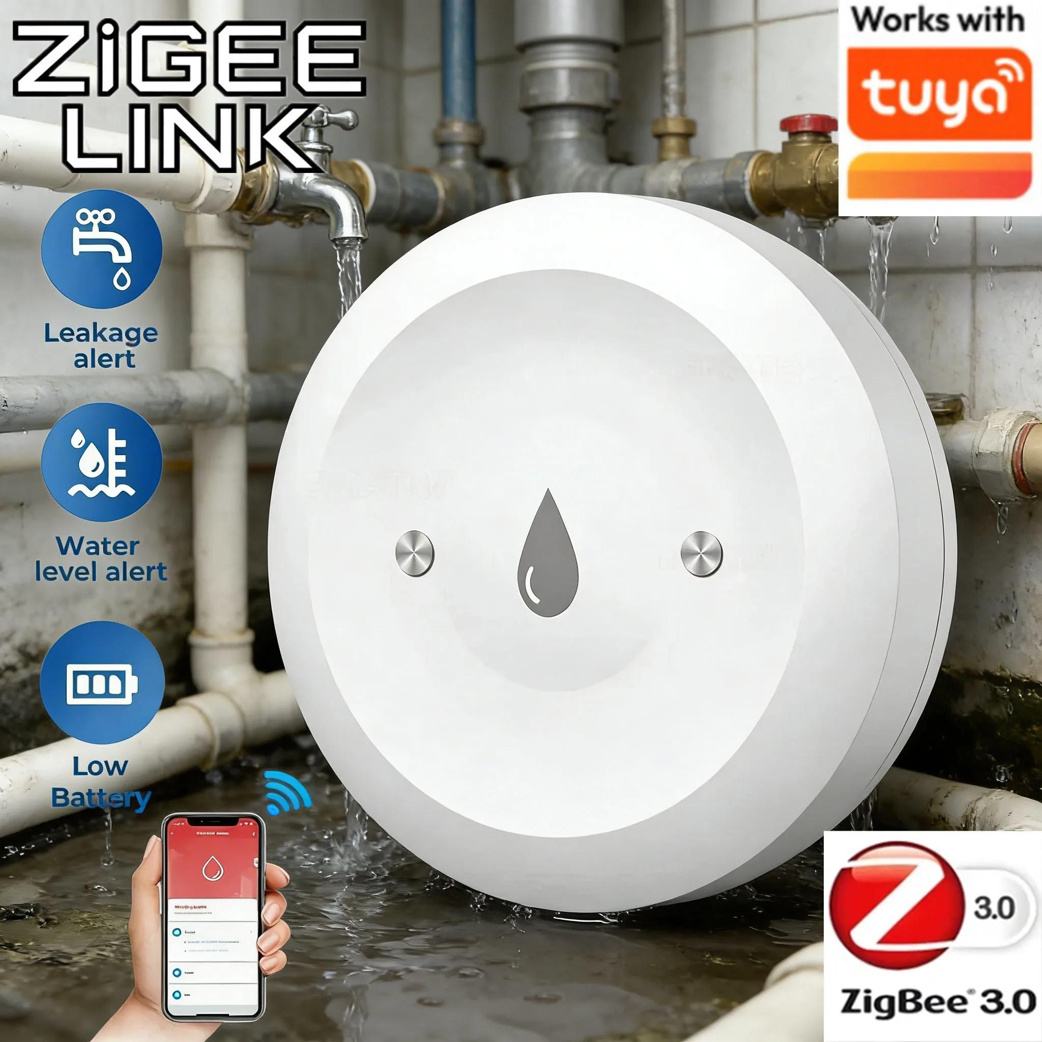 TUYA ZigBee Smart Wasserleck- und Überschwemmungssensor: Überlaufdetektor mit App-Benachrichtigung für Home Assistant, Zigbee2mqtt, Alice Image