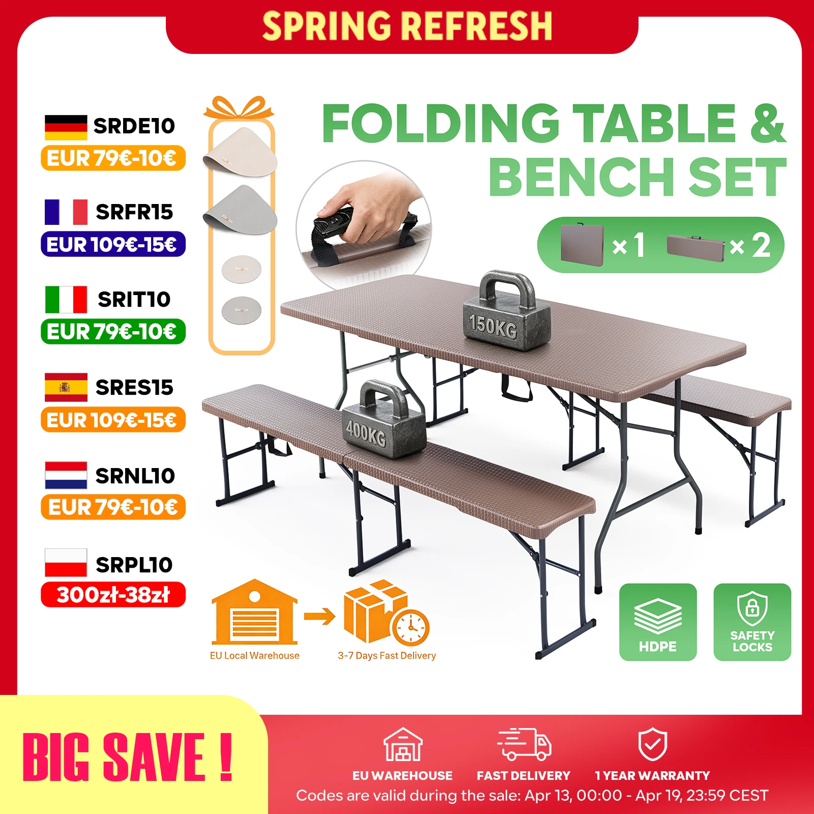 Klappbarer Tisch + 2 Bänke Set 180cm, Outdoor Campingmöbel HDPE Rattanoptik, Eisenrahmen, Tragfähigkeit 150kg/400kg, Klappbar Für Garten Terrasse Picknick