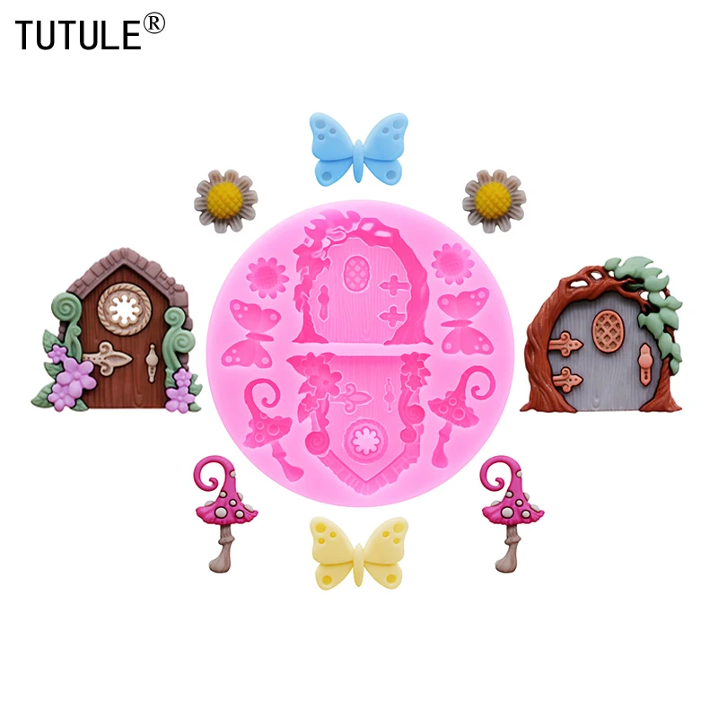 53 # DIY Backwerkzeug Märchenhafte Holztür Schmetterling Blumen Pilztür Fondant Kuchen Silikonform Epoxidharz Ohrringform Image