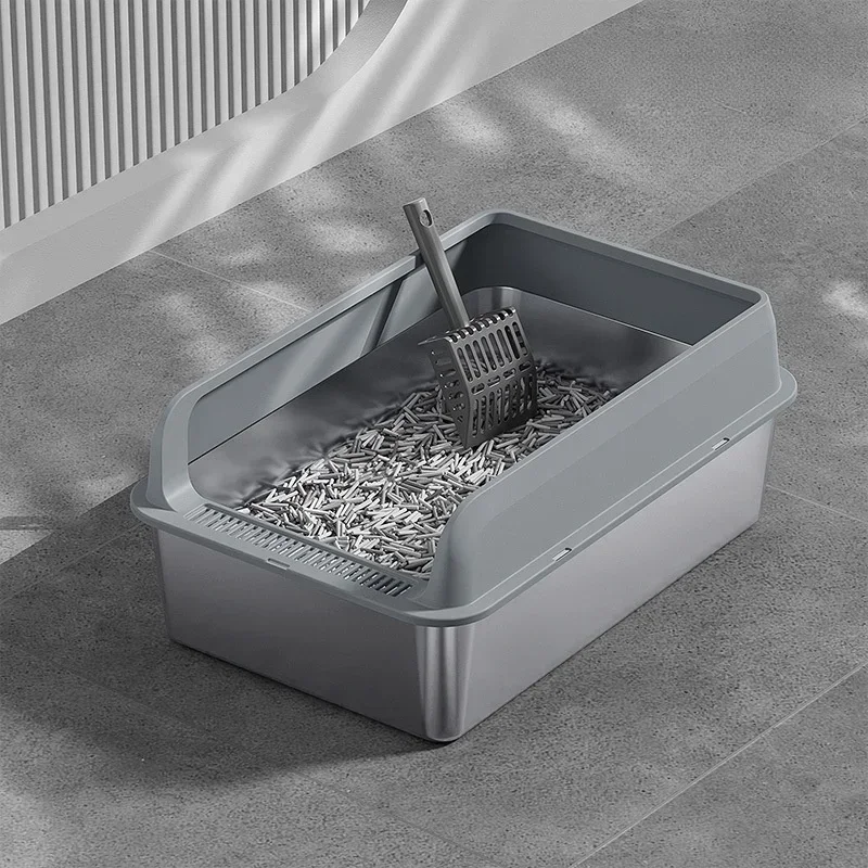 Großräumige Edelstahl-Katzentoilette Halbgeschlossene Katzentoilette mit Erhöhtem Zaun Spritzwassergeschützte Katzentoilette Haustierzubehör Image