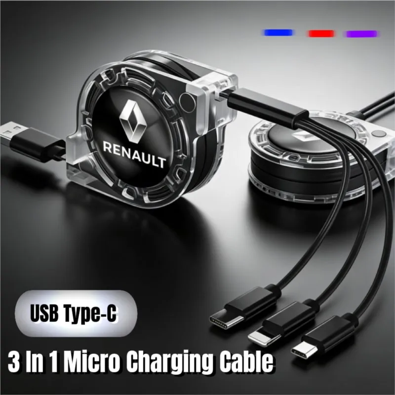 1 Stück Auto 3-in-1 Micro-USB-Typ-C-Ladekabel Multi-Ladegerät Dekoration für Renault RS Megane 2 3 4 Trafic Scenic 2 Clio Captur Image