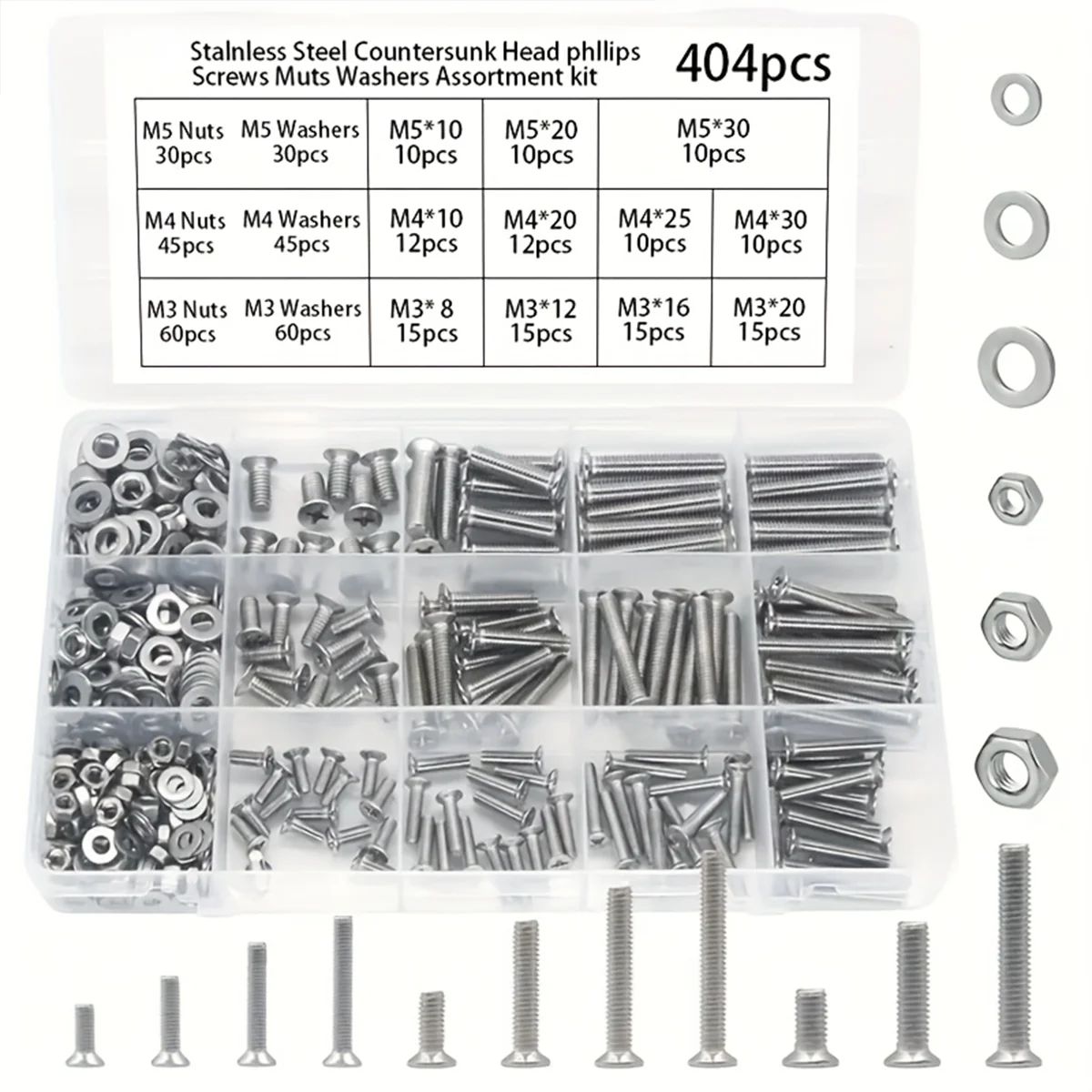 404-teiliges Edelstahl-Set mit Senkkopfschrauben und Muttern, M3 M4 M5 Senkkopfschrauben, DIY Schrauben- und Muttern-Werkzeugset Image