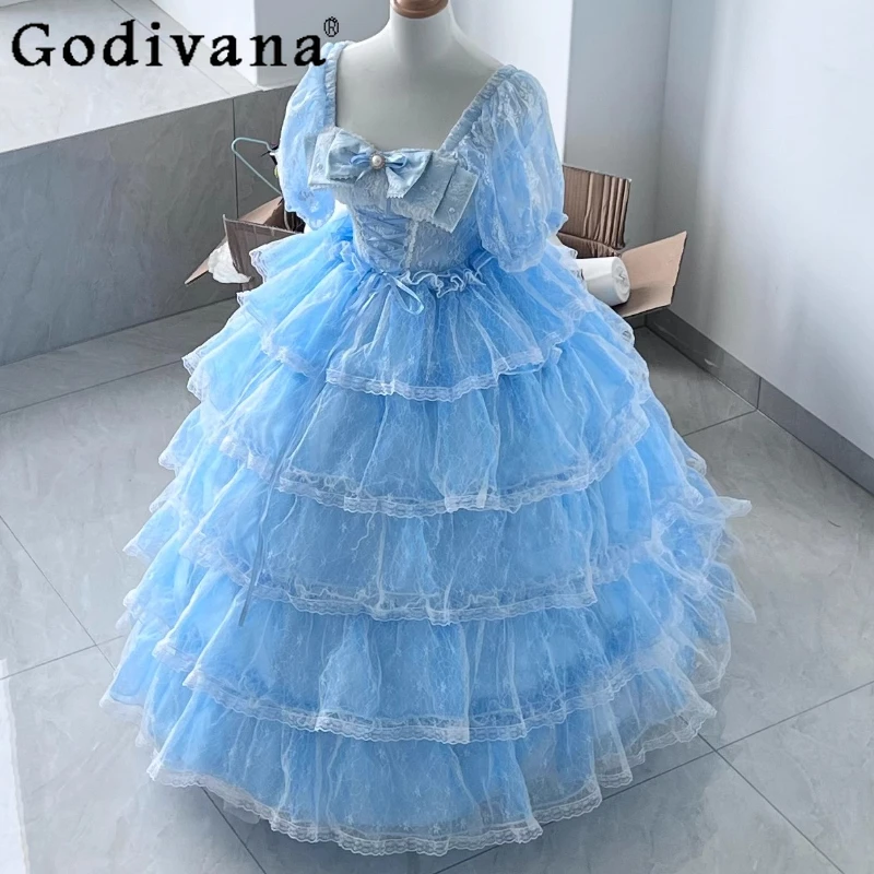 L-4XL Große Größe Elegante Lange Lolita Kurzarm Party Prinzessin Kleid Sommer Mädchen Square Neck Bogen Elegante Fee Kuchen Kleider