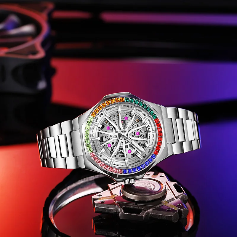 DULUNWE Diamantbesetzte Automatische Mechanische Uhr Skelettierte Hip-Hop Armbanduhr, Sportliche Herren-Lederarmbanduhr Montre Pour Homme