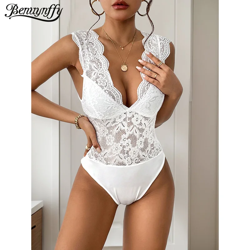 Benuynffy Body in pizzo bianco con scollo a V profondo e bordo smerlato, senza maniche, sexy, per feste e club, lingerie intera da donna