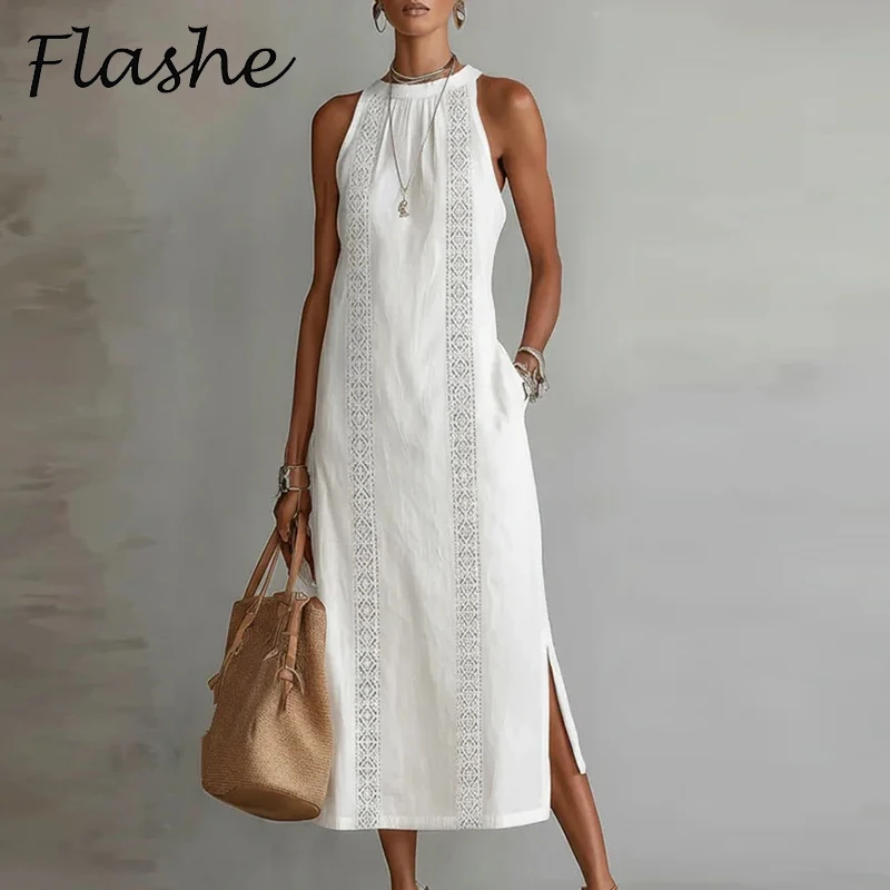 Abito Lungo Estivo Casual Senza Maniche da Donna, Collo a O, Design Jacquard con Spacco e Tasche, Vestito da Spiaggia e Vacanza, Abito Bianco da Festa