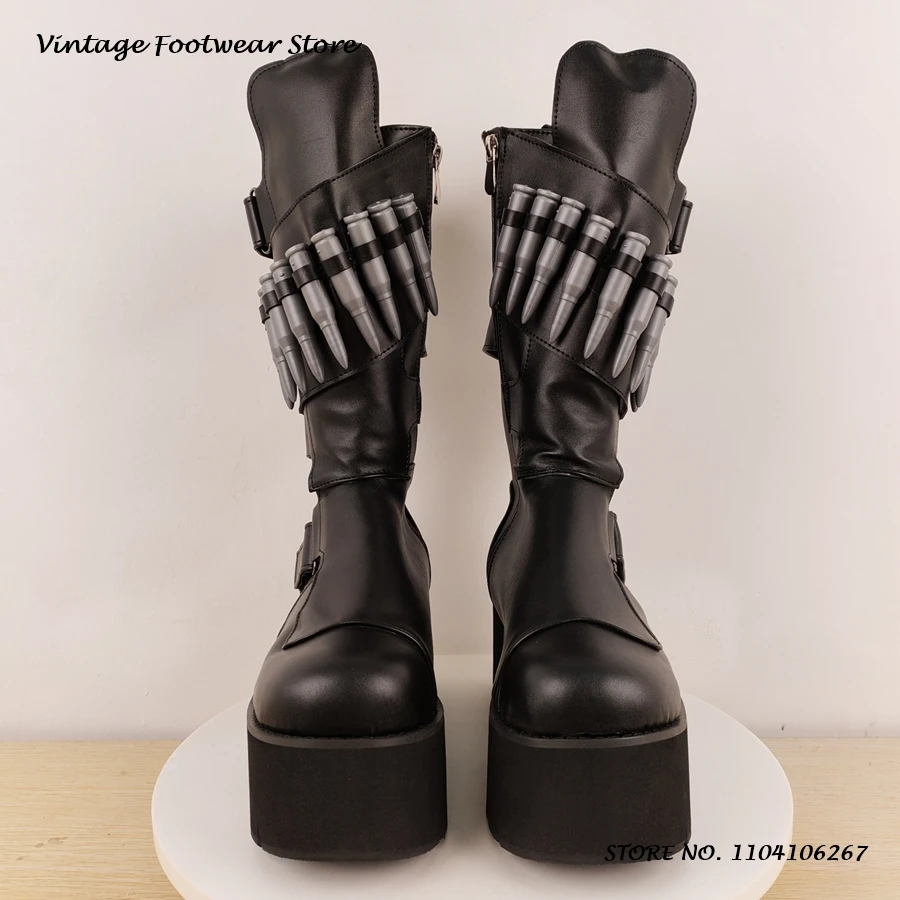 Bullet verzierte Plateau-Booties, Punk-Stil, runde Zehen, klobige Absätze, Freizeitschuhe, Damen-Frühlings-Herbst-Stiefel mit seitlichem Reißverschluss, mittelhohe Stiefel Image