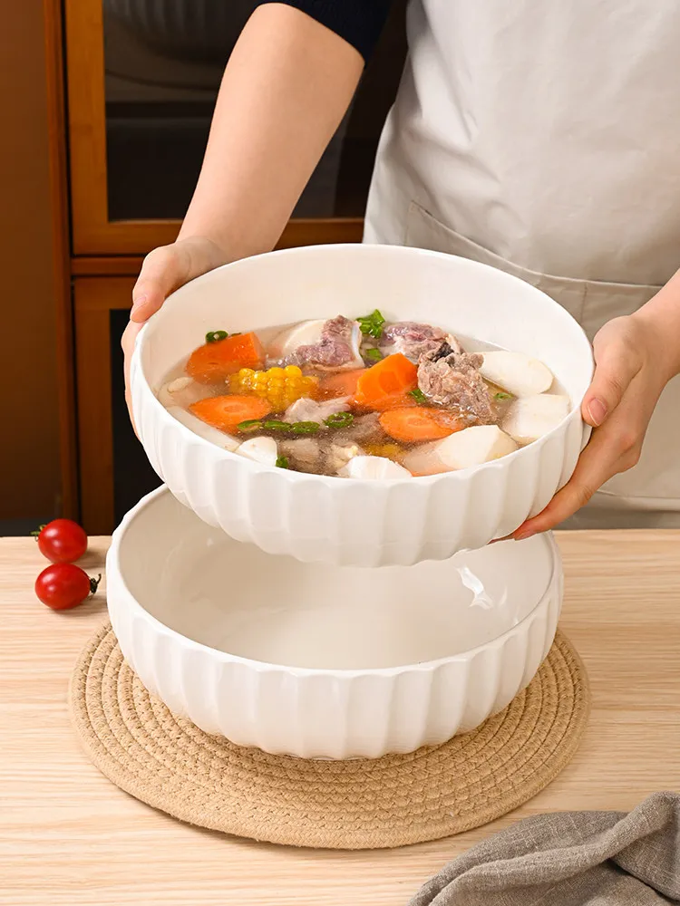 Pure White Vertical Striped Soup Bowl Korean Style Simple Ceramics Ramen Bowls Ins Household Large Size Serving Tablewares