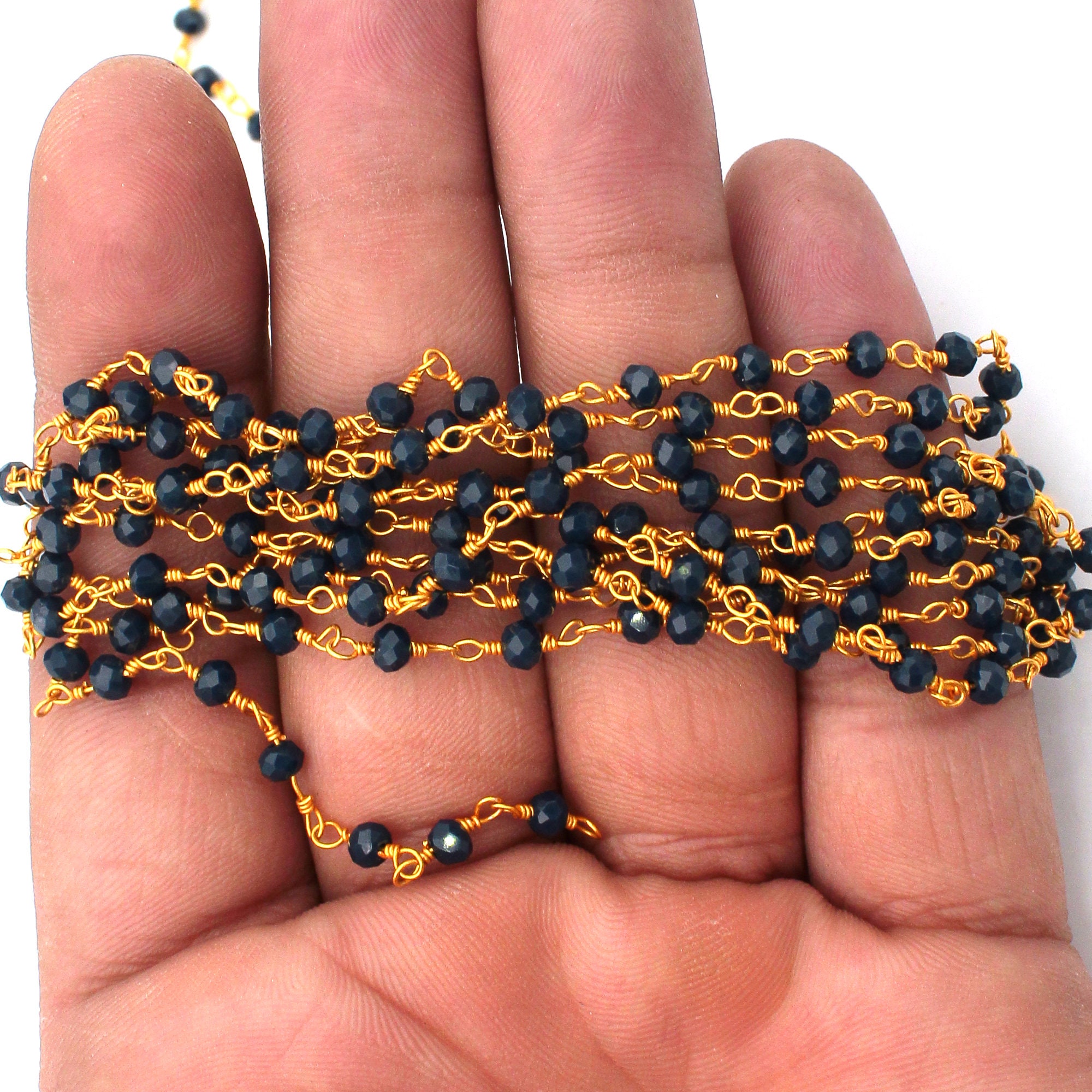 Blue Sapphire Hydro Beaded Rosary Chain, Rondelle Faceted Beads, 3mm, Gold Plated Wire Beaded Chain, Jewelry Making Beads, Bulk Roll Chain