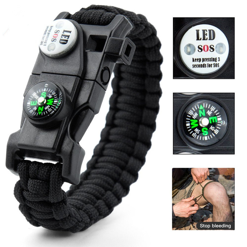 High Visibility Survival Bracelet With LED Light Compass And Whistle For Camping And Emergency Use black
