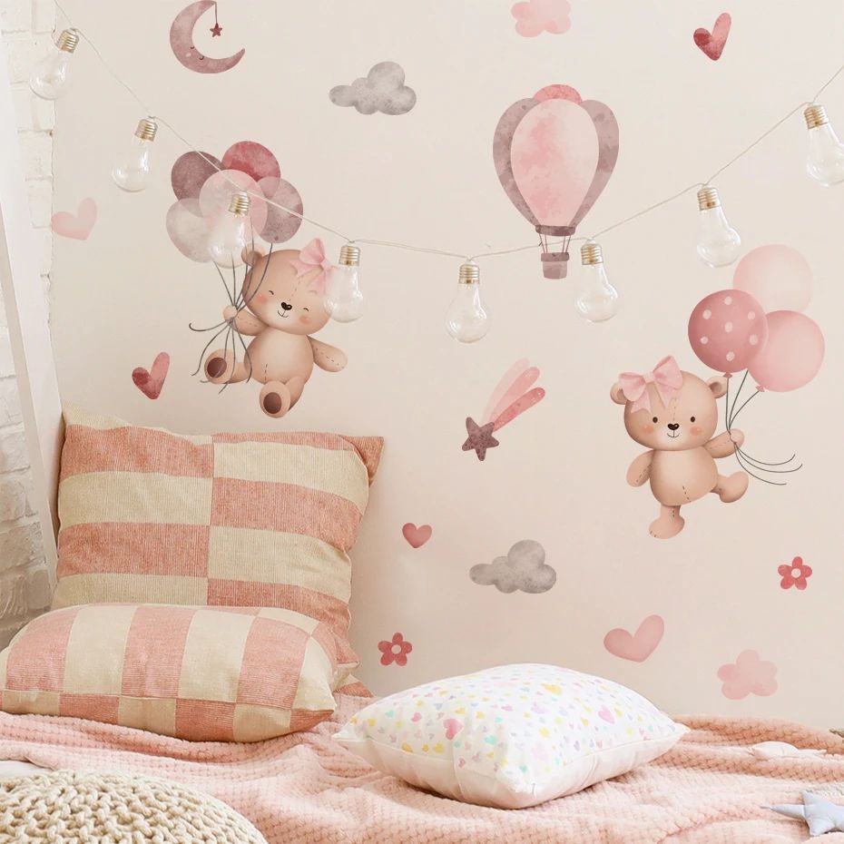 Pink Cartoon Bear Balloon Wall Stickers Cute Nursery Vinyl Decals For Kids Room Decor cartoon 3