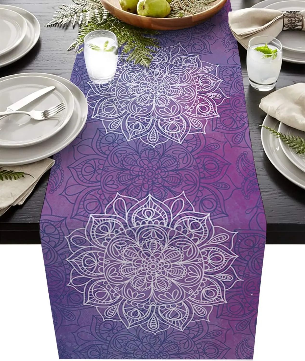 Bohemian Mandala Flower Linen Table Runner | Farmhouse Holiday Party Decor 180 X 33 Cm 70.8 X 13 In
