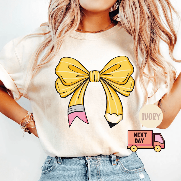 Coquette Teacher Shirt Comfort Colors Cute Pencil Bow Back To School Teacher Tee yellow 3xl t Shirt