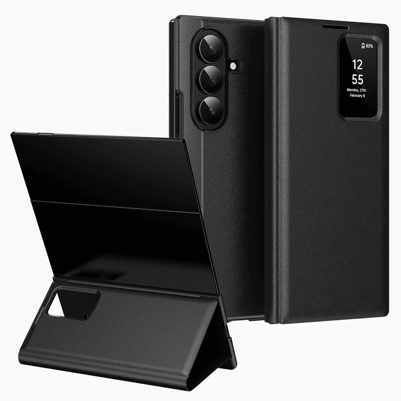 Premium Smart View Window Leather Case With Card Slot, Protective Wallet Cover For Samsung Galaxy Phones For Samsung Galaxy S25 FE 5G black