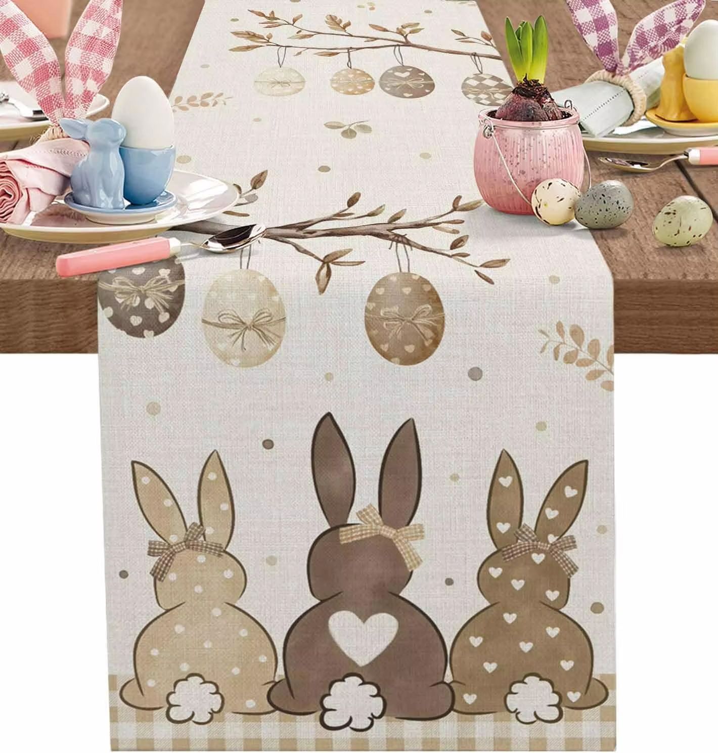 Spring Easter Bunny Egg Linen Table Runner For Dining Decor 180x33cm 70.8x13inch