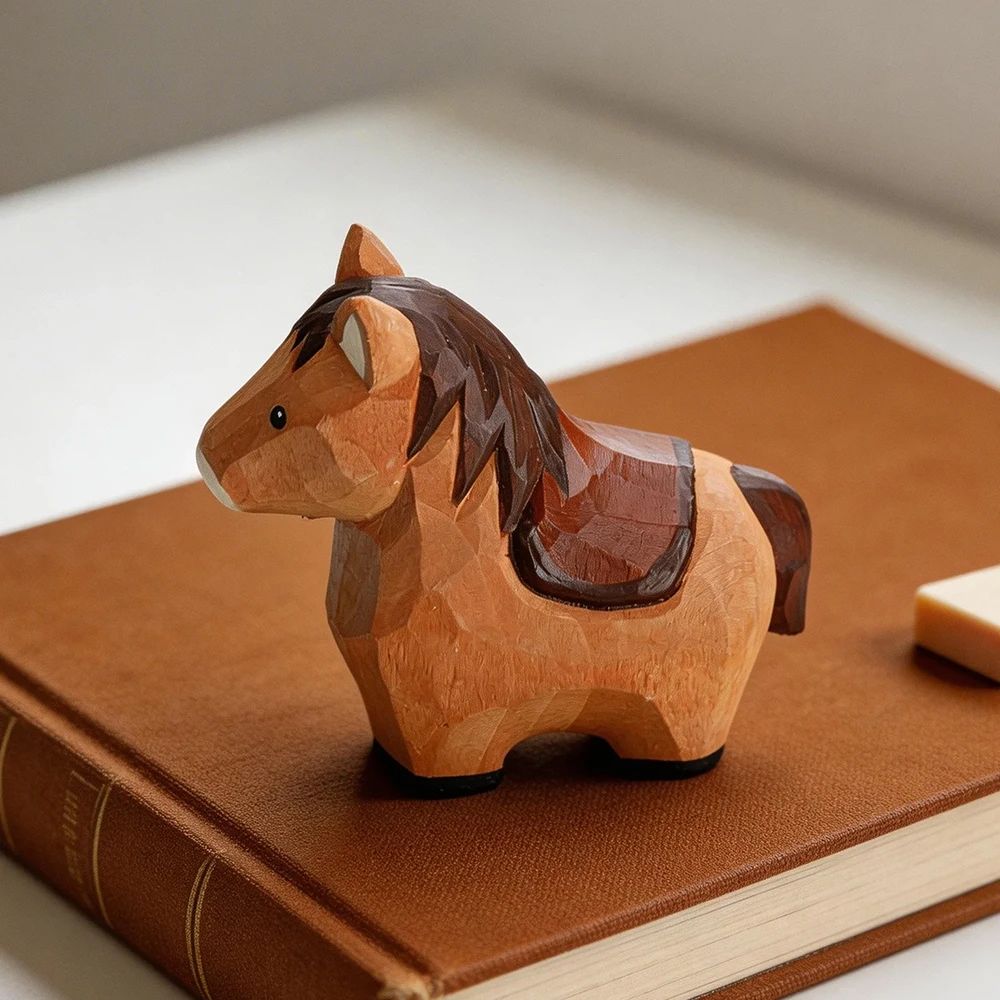 Handmade Wooden Horse Figurine Rustic Decor 2pcs